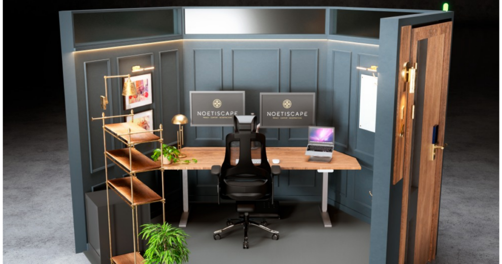 A concept illustration of the Noetiscape Solo Work Lounge, the ideal remote work environment for the introverted worker