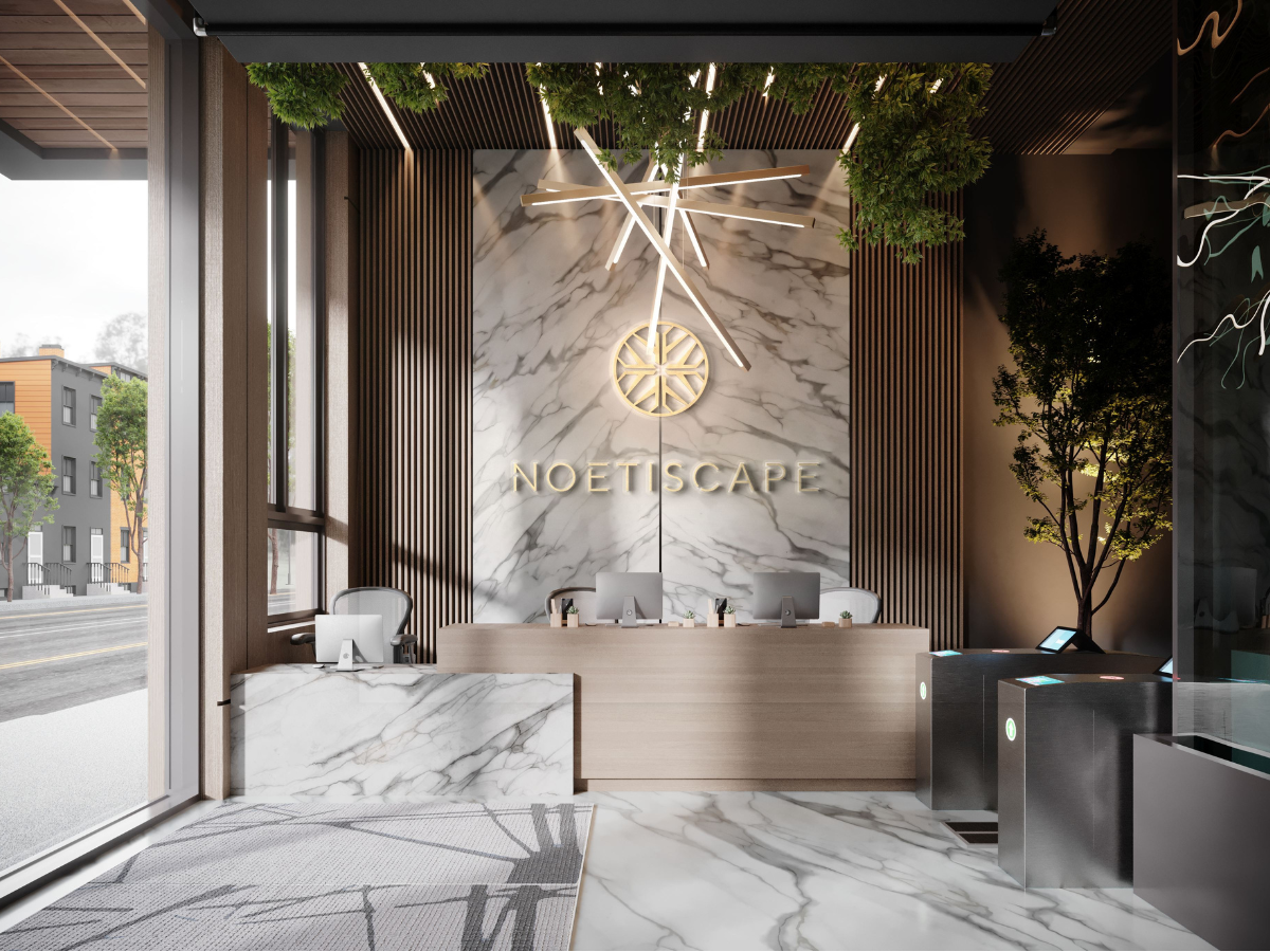 Rendering of Noetiscape's premium solo work lounge lobby